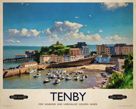 Vintage travel poster- Tenby, Pembrokeshire - Scenic Railways