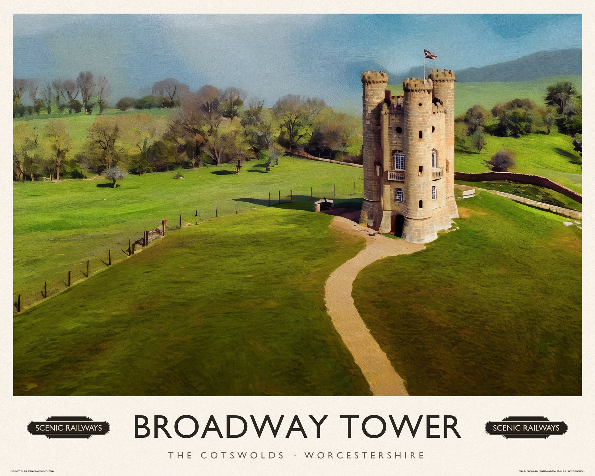 Broadway Tower, The Cotswolds vintage railway travel print – framed British landscape wall art