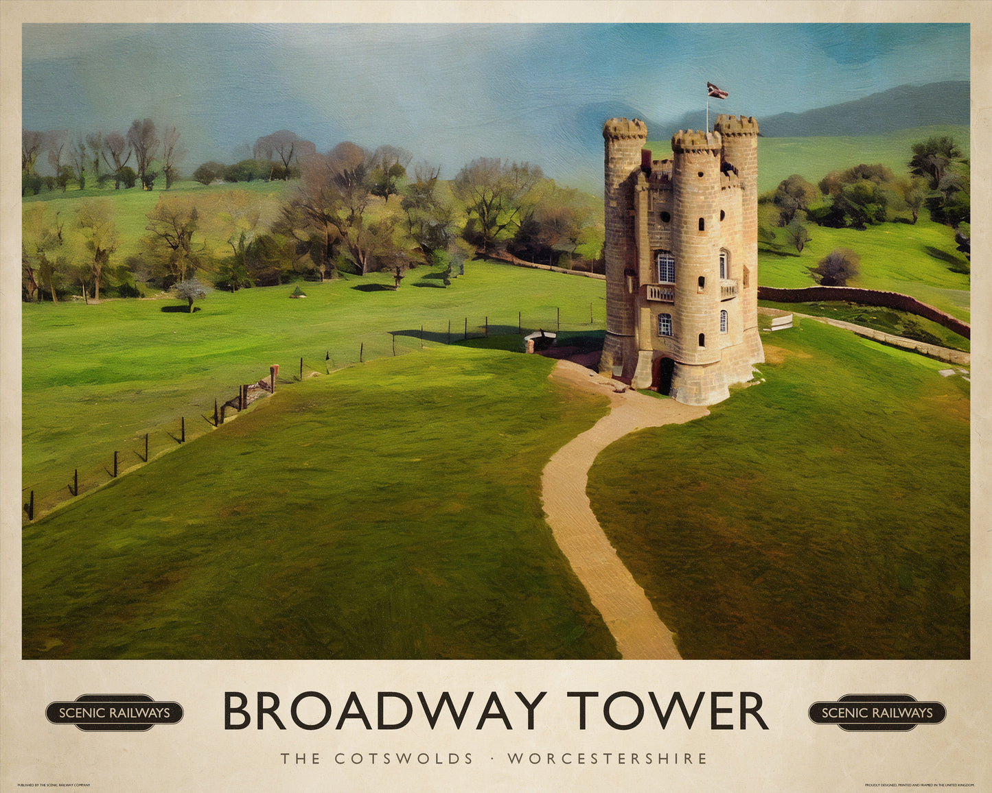 Broadway Tower, The Cotswolds vintage railway travel print – framed British landscape wall art
