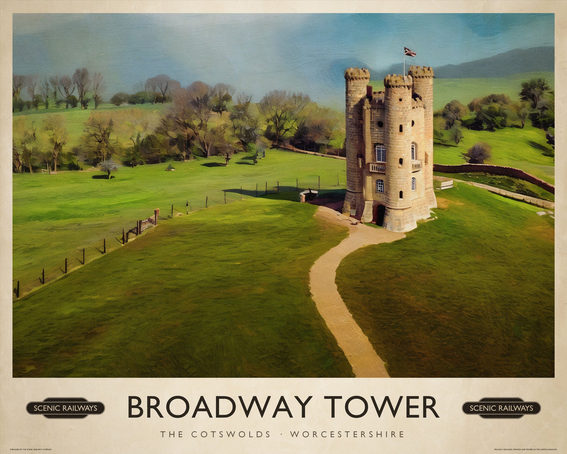 Broadway Tower, The Cotswolds vintage railway travel print – framed British landscape wall art
