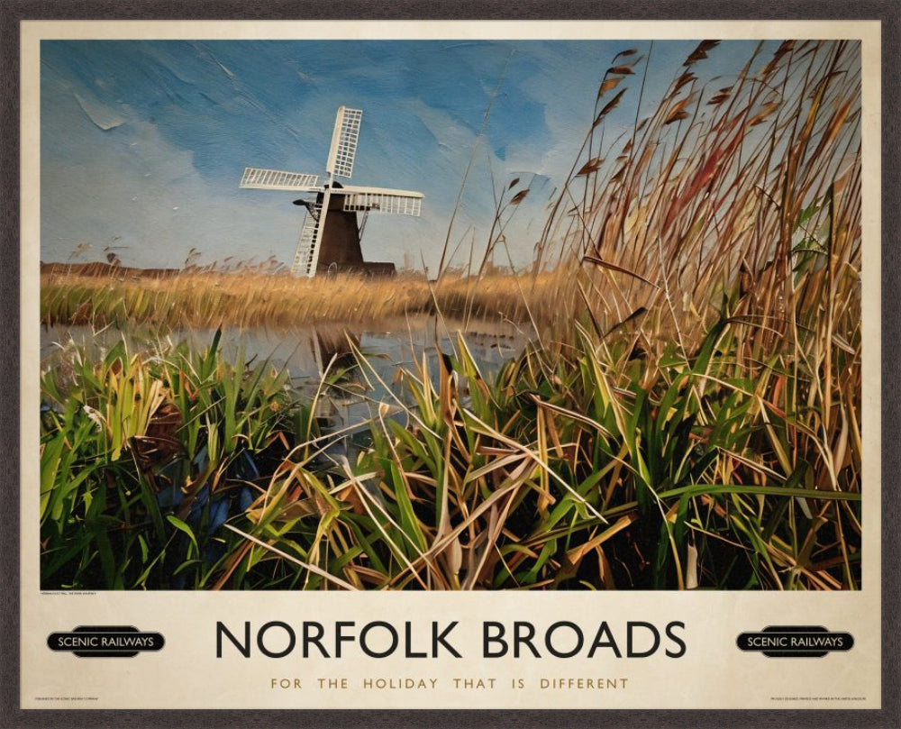 Herringfleet Mill, The Broads vintage railway travel print – framed British landscape wall art