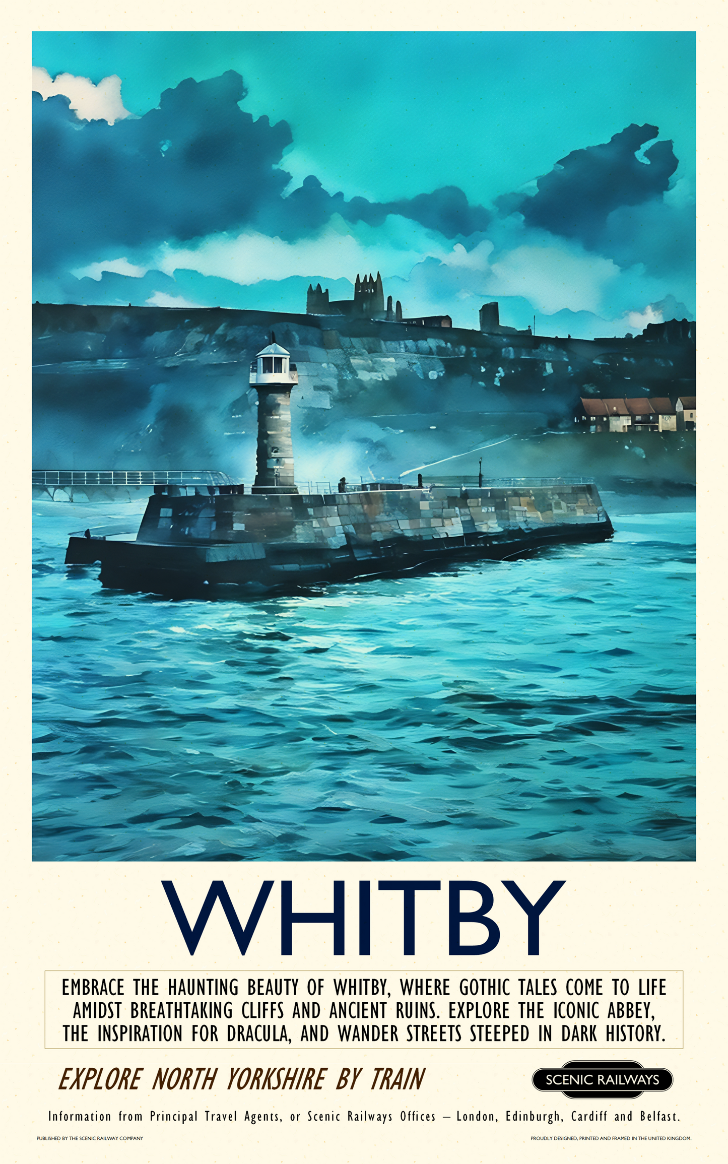 Vintage travel poster- Whitby - The Lighthouse and Abbey - Scenic Railways