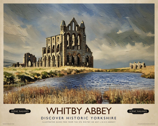 Vintage travel poster- Whitby Abbey, Yorkshire - Scenic Railways