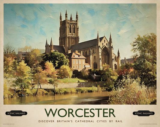 Vintage travel poster- Worcester, The Cathedral - Scenic Railways