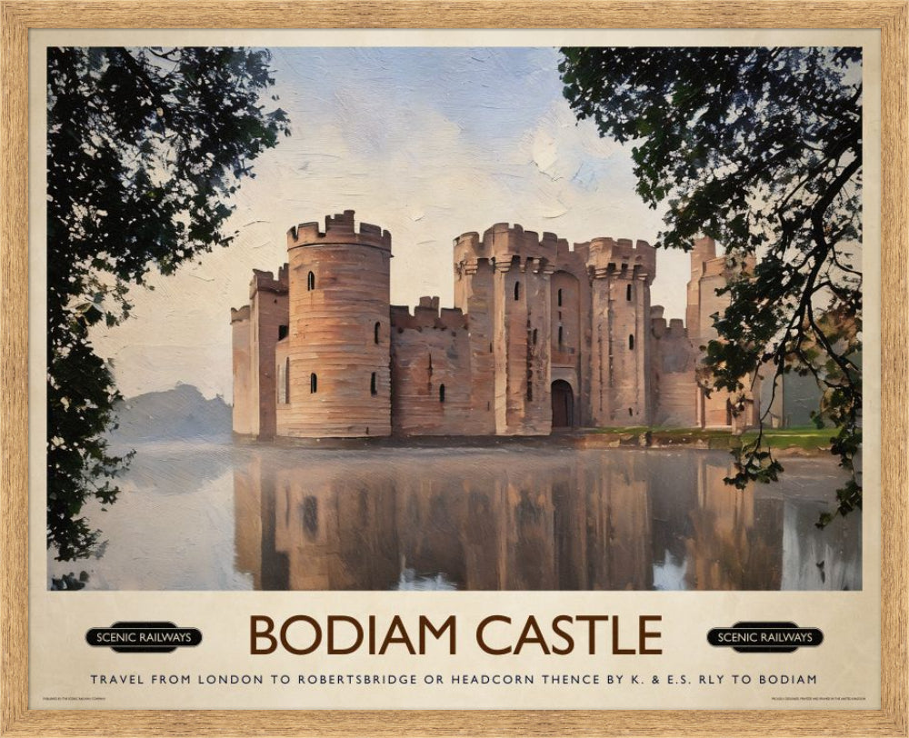 Vintage travel poster- Bodiam Castle, East Sussex - Scenic Railways