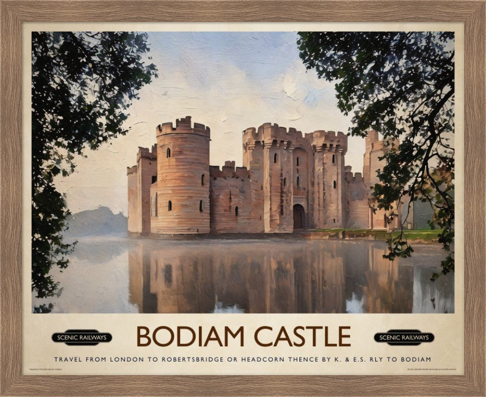 Vintage travel poster- Bodiam Castle, East Sussex - Scenic Railways