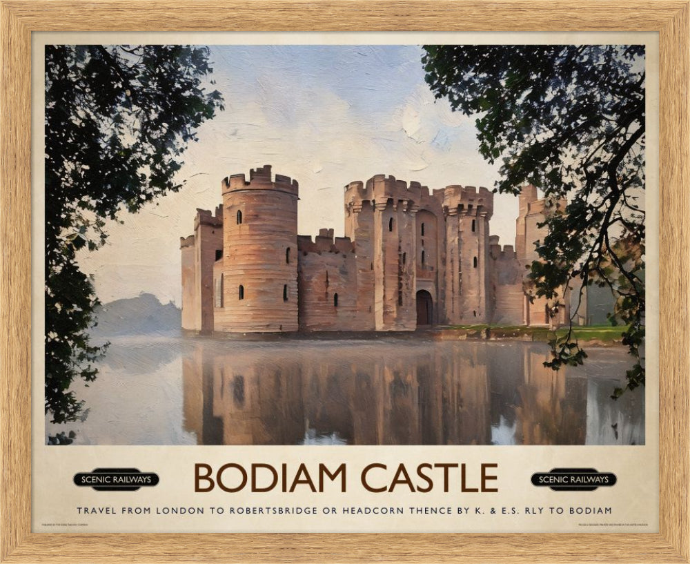 Vintage travel poster- Bodiam Castle, East Sussex - Scenic Railways