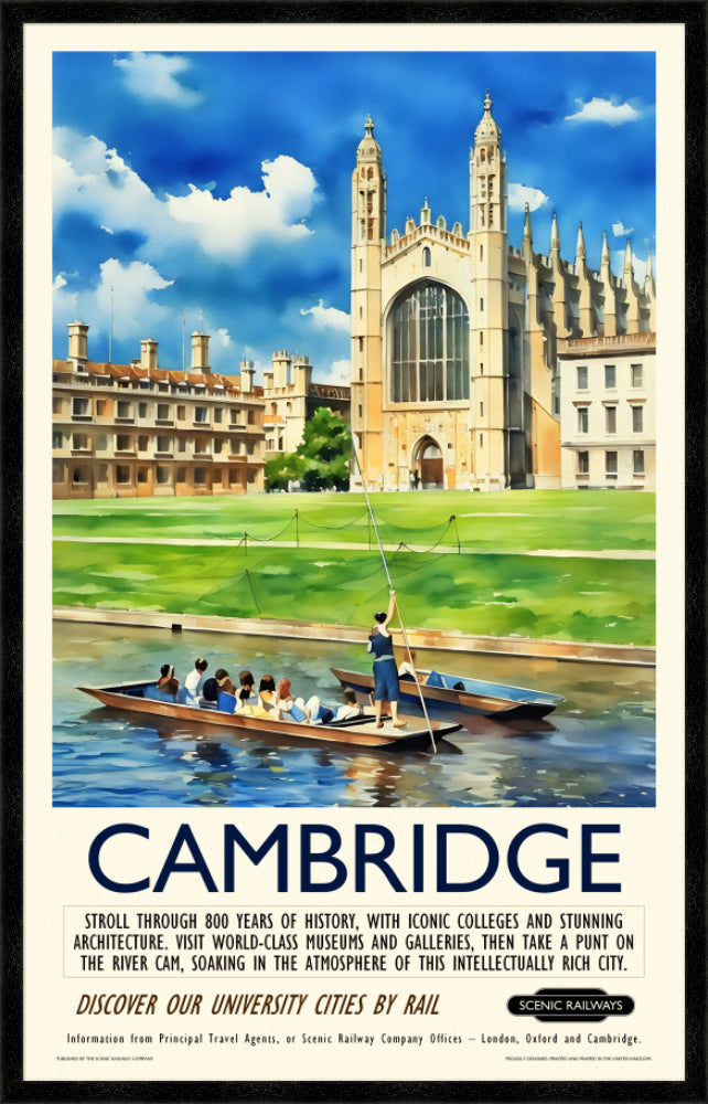 Vintage travel poster- Cambridge - King's College Chapel and the River Cam - Scenic Railways