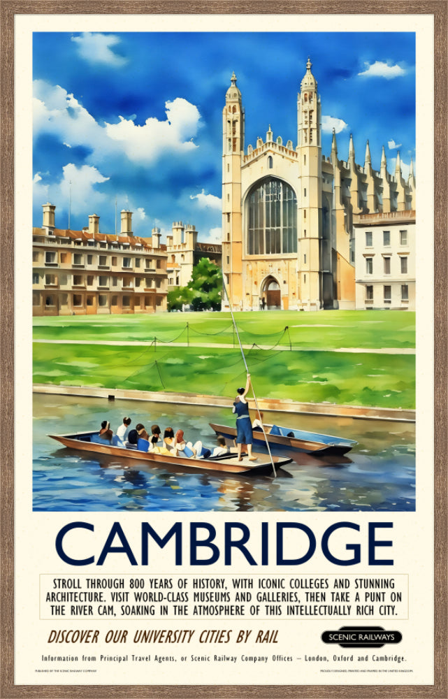 Vintage travel poster- Cambridge - King's College Chapel and the River Cam - Scenic Railways