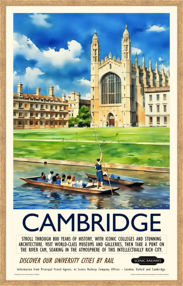 Vintage travel poster- Cambridge - King's College Chapel and the River Cam - Scenic Railways