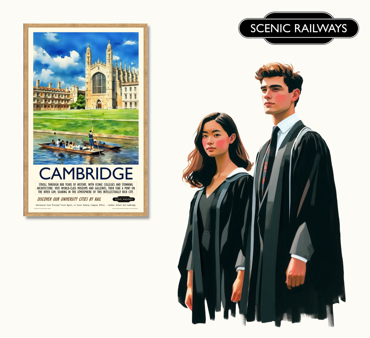 Vintage travel poster- Cambridge - King's College Chapel and the River Cam - Scenic Railways
