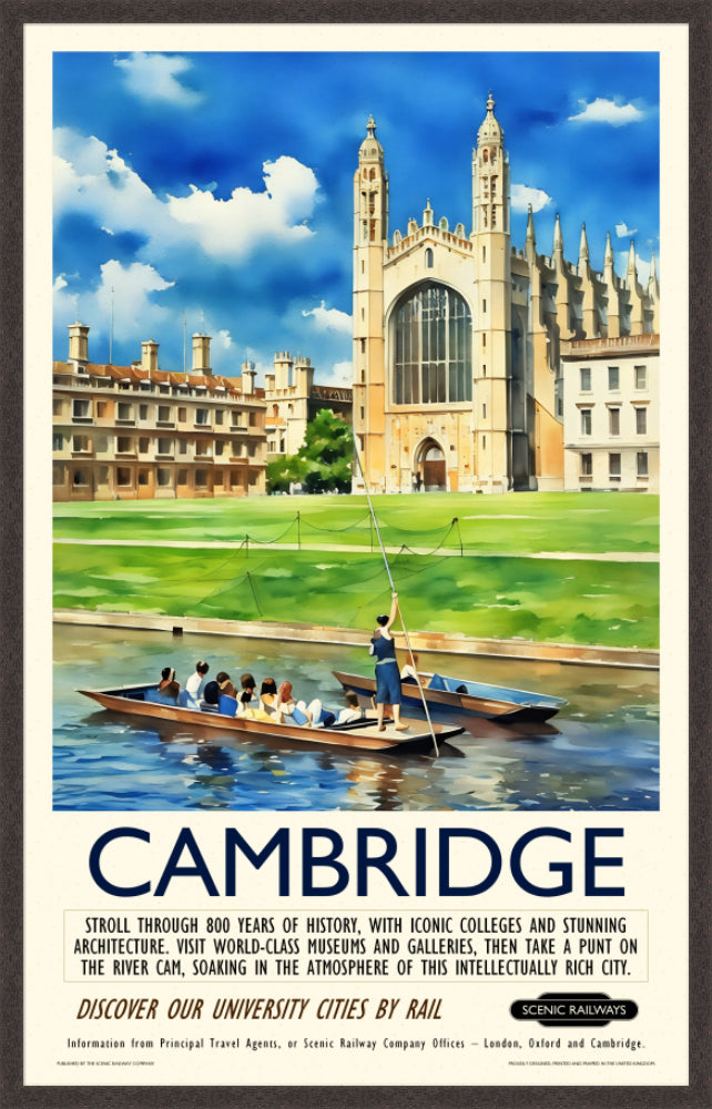 Vintage travel poster- Cambridge - King's College Chapel and the River Cam - Scenic Railways