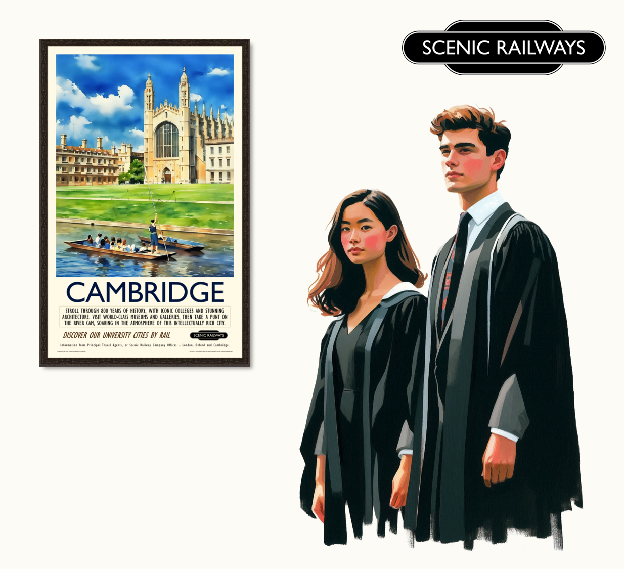Vintage travel poster- Cambridge - King's College Chapel and the River Cam - Scenic Railways