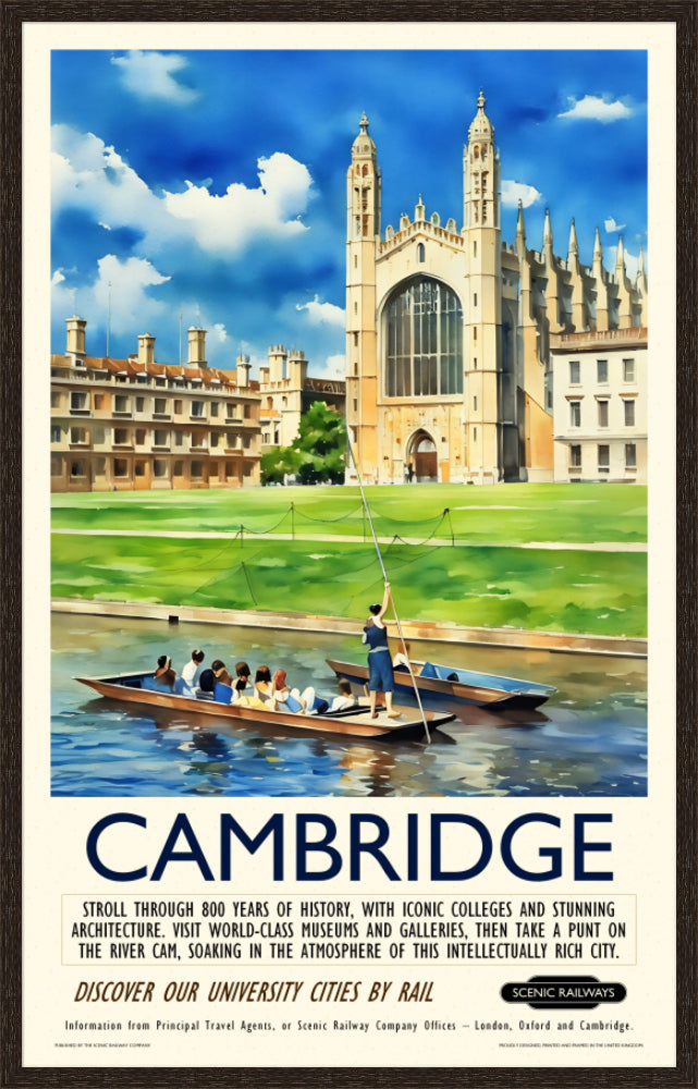 Vintage travel poster- Cambridge - King's College Chapel and the River Cam - Scenic Railways