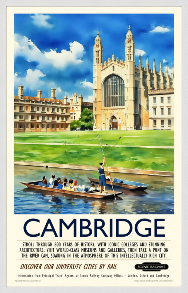 Vintage travel poster- Cambridge - King's College Chapel and the River Cam - Scenic Railways