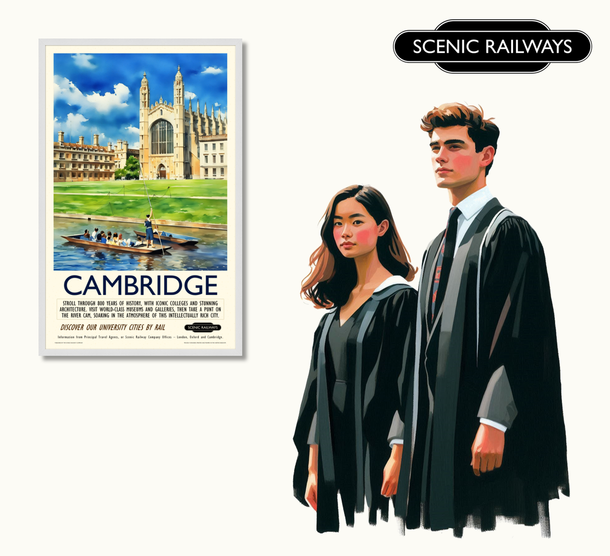 Vintage travel poster- Cambridge - King's College Chapel and the River Cam - Scenic Railways