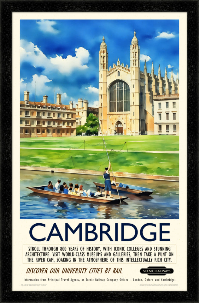 Vintage travel poster- Cambridge - King's College Chapel and the River Cam - Scenic Railways