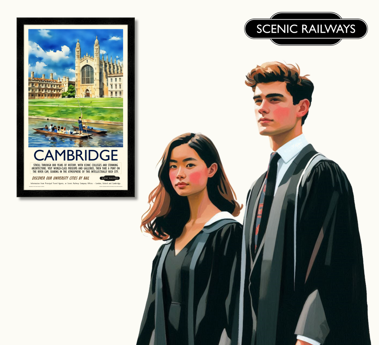 Vintage travel poster- Cambridge - King's College Chapel and the River Cam - Scenic Railways