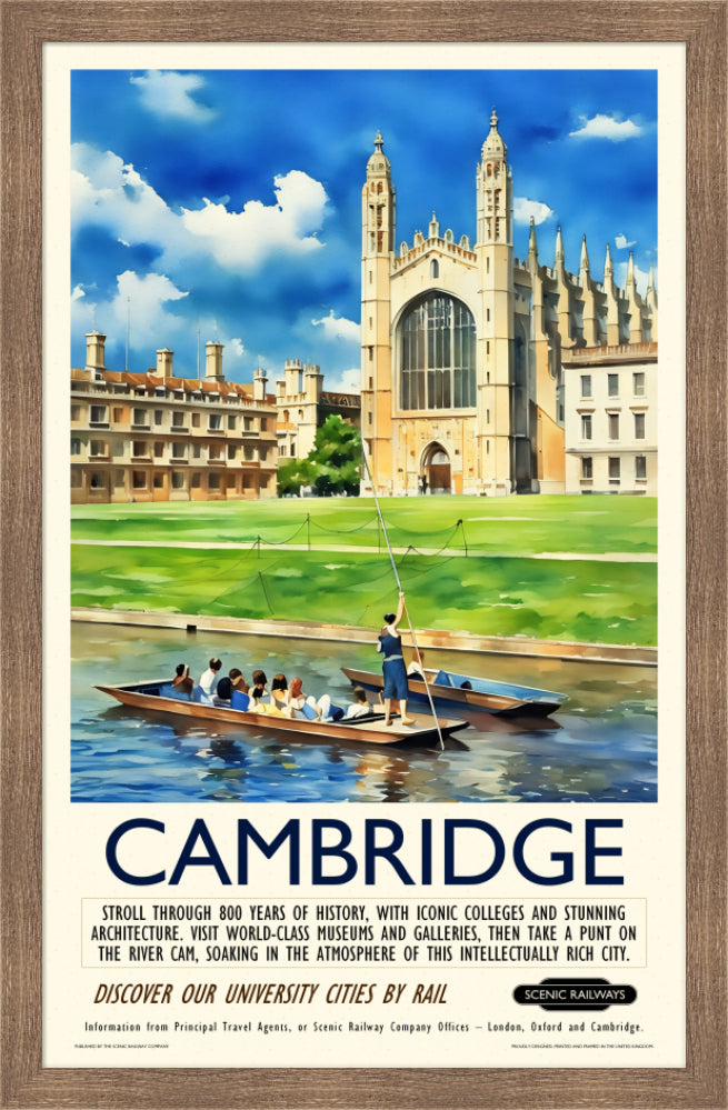 Vintage travel poster- Cambridge, King's College Chapel and the River Cam - Scenic Railways