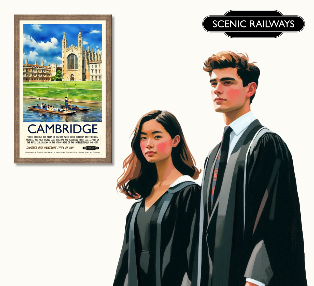 Vintage travel poster- Cambridge, King's College Chapel and the River Cam - Scenic Railways