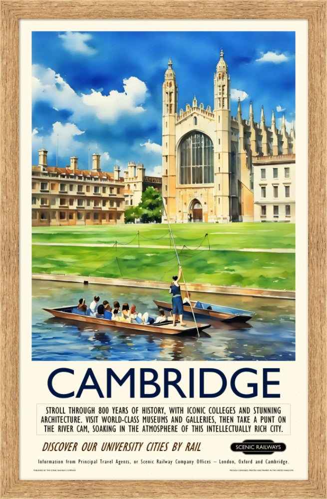 Vintage travel poster- Cambridge, King's College Chapel and the River Cam - Scenic Railways