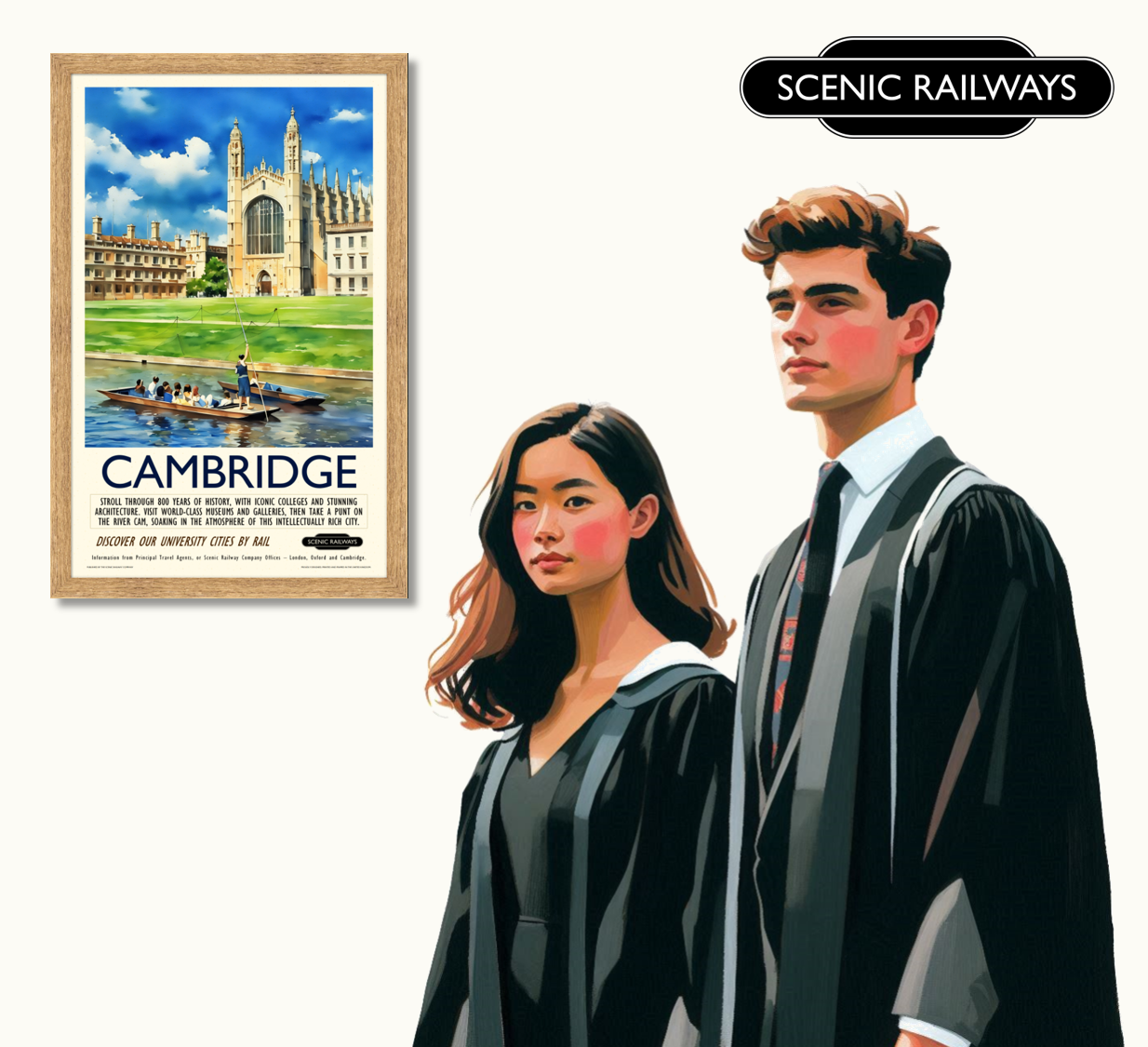 Vintage travel poster- Cambridge, King's College Chapel and the River Cam - Scenic Railways