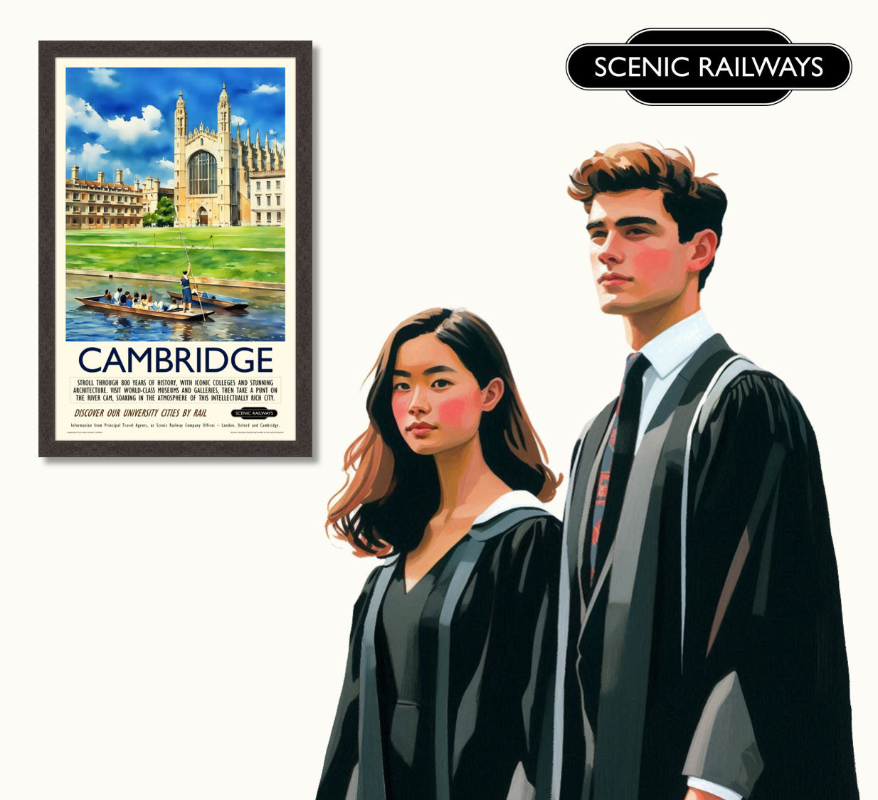 Vintage travel poster- Cambridge - King's College Chapel and the River Cam - Scenic Railways