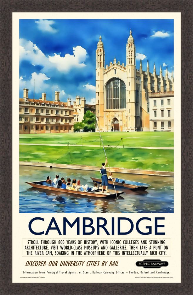 Vintage travel poster- Cambridge - King's College Chapel and the River Cam - Scenic Railways