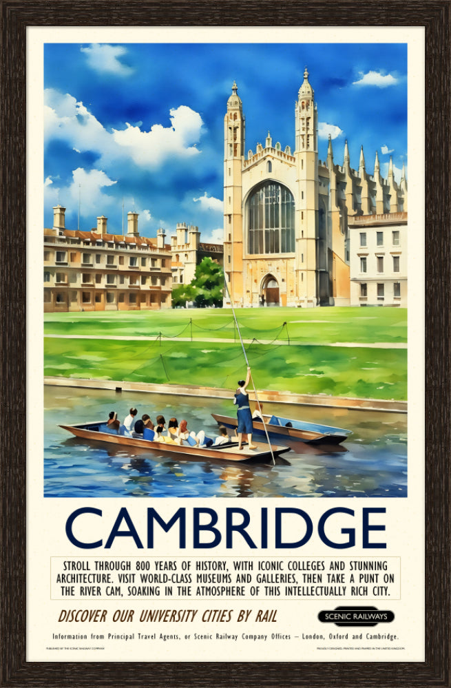 Vintage travel poster- Cambridge - King's College Chapel and the River Cam - Scenic Railways