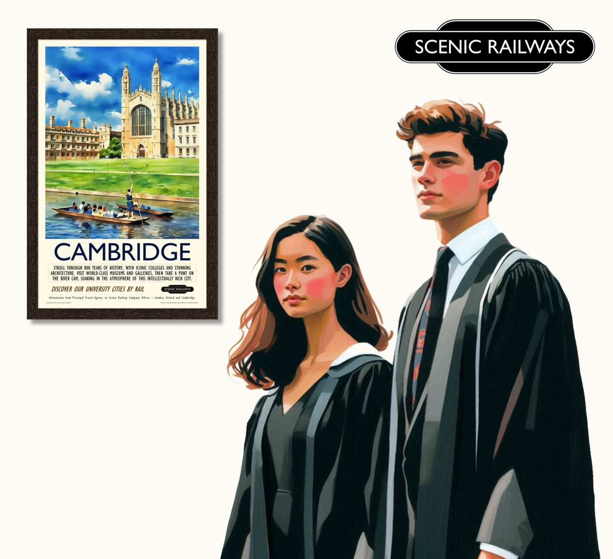 Vintage travel poster- Cambridge - King's College Chapel and the River Cam - Scenic Railways