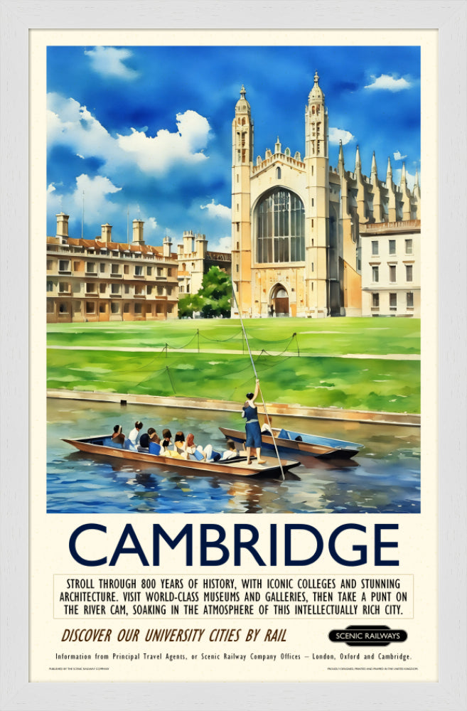 Vintage travel poster- Cambridge, King's College Chapel and the River Cam - Scenic Railways