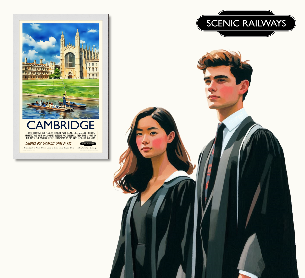Vintage travel poster- Cambridge, King's College Chapel and the River Cam - Scenic Railways