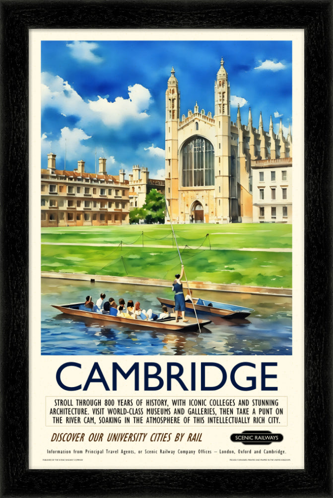 Vintage travel poster- Cambridge, King's College Chapel and the River Cam - Scenic Railways