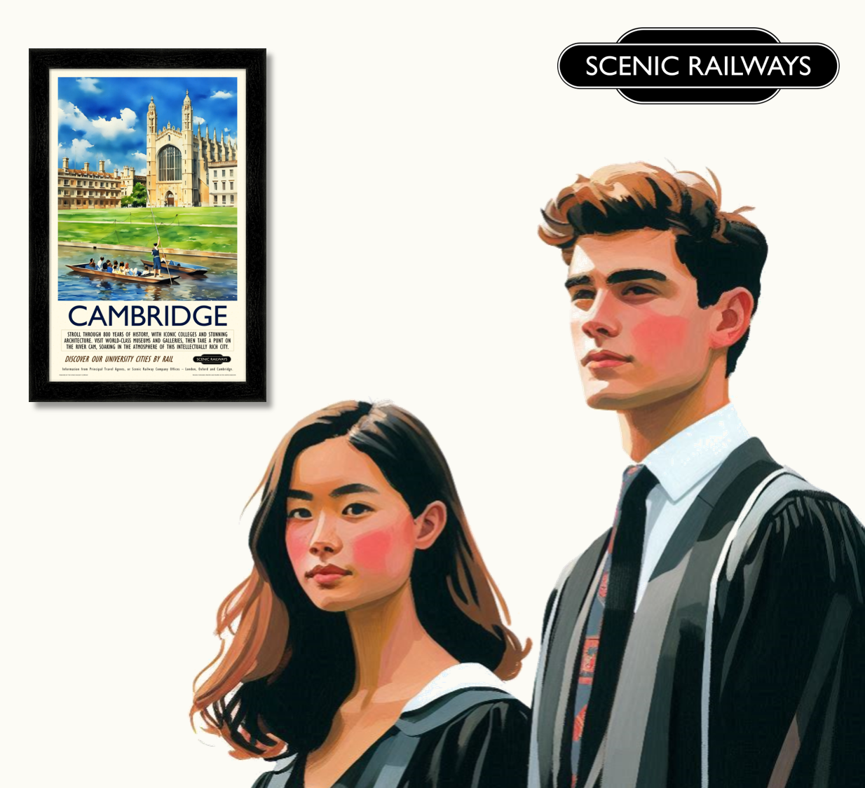 Vintage travel poster- Cambridge, King's College Chapel and the River Cam - Scenic Railways