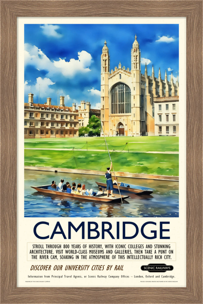 Vintage travel poster- Cambridge, King's College Chapel and the River Cam - Scenic Railways
