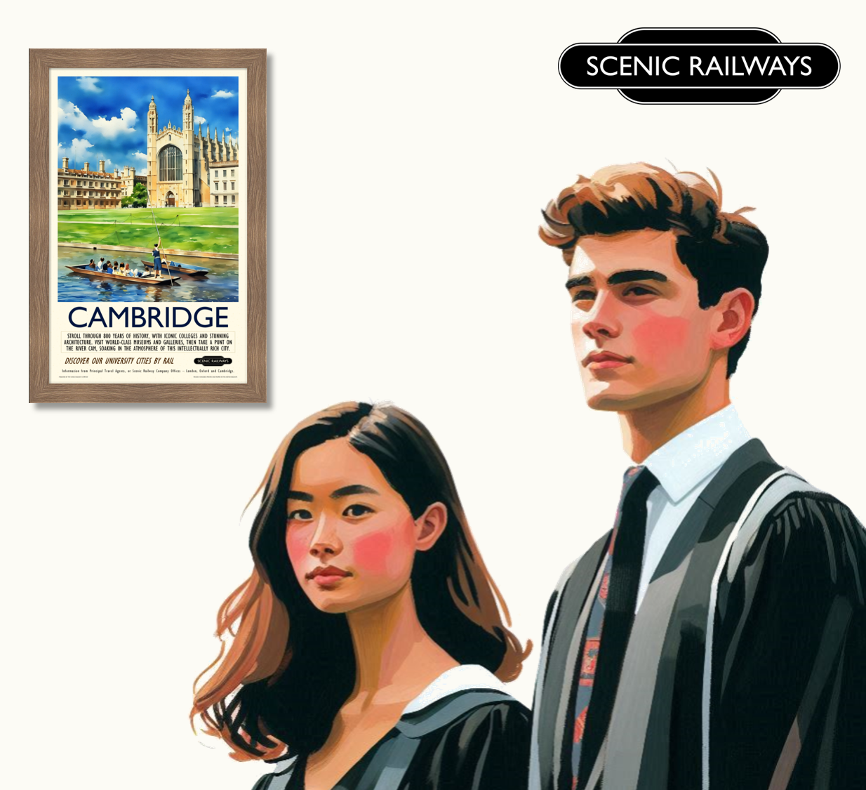 Vintage travel poster- Cambridge, King's College Chapel and the River Cam - Scenic Railways