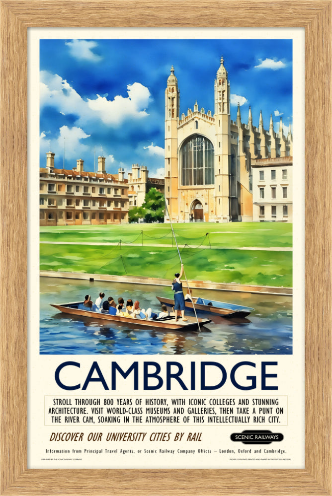 Vintage travel poster- Cambridge, King's College Chapel and the River Cam - Scenic Railways