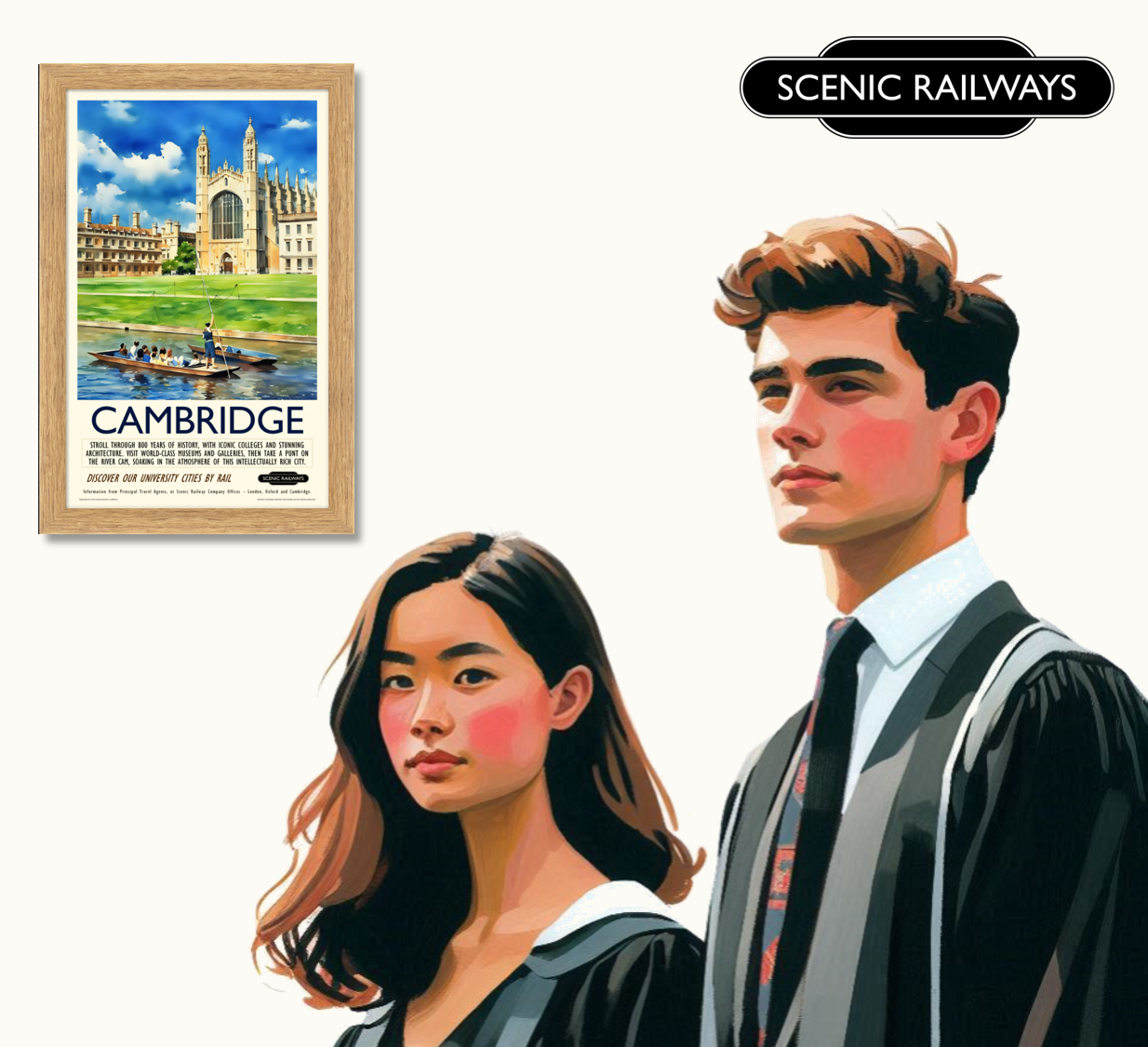Vintage travel poster- Cambridge, King's College Chapel and the River Cam - Scenic Railways