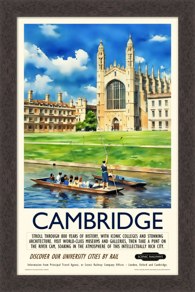 Vintage travel poster- Cambridge, King's College Chapel and the River Cam - Scenic Railways