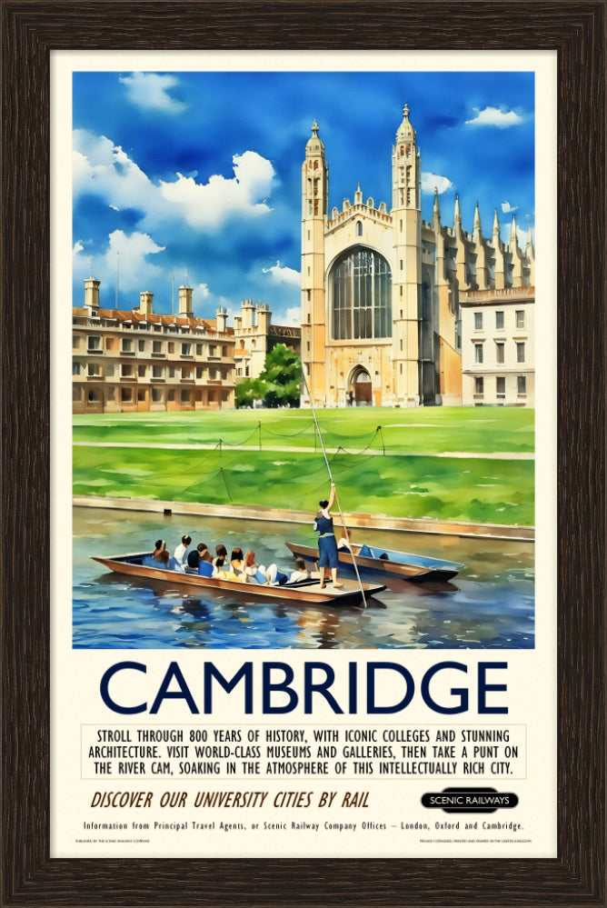 Vintage travel poster- Cambridge, King's College Chapel and the River Cam - Scenic Railways