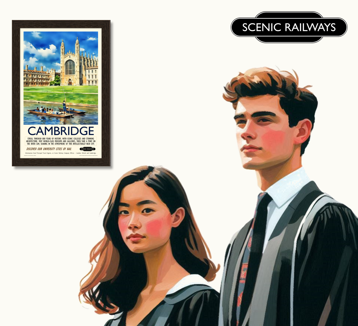 Vintage travel poster- Cambridge, King's College Chapel and the River Cam - Scenic Railways