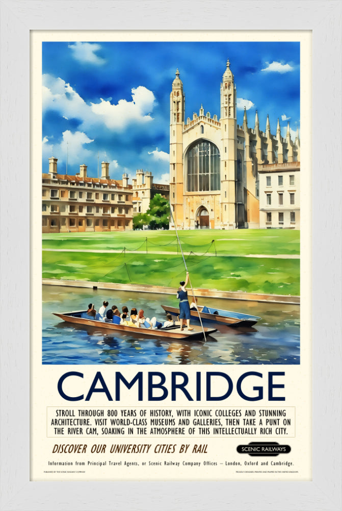 Vintage travel poster- Cambridge, King's College Chapel and the River Cam - Scenic Railways