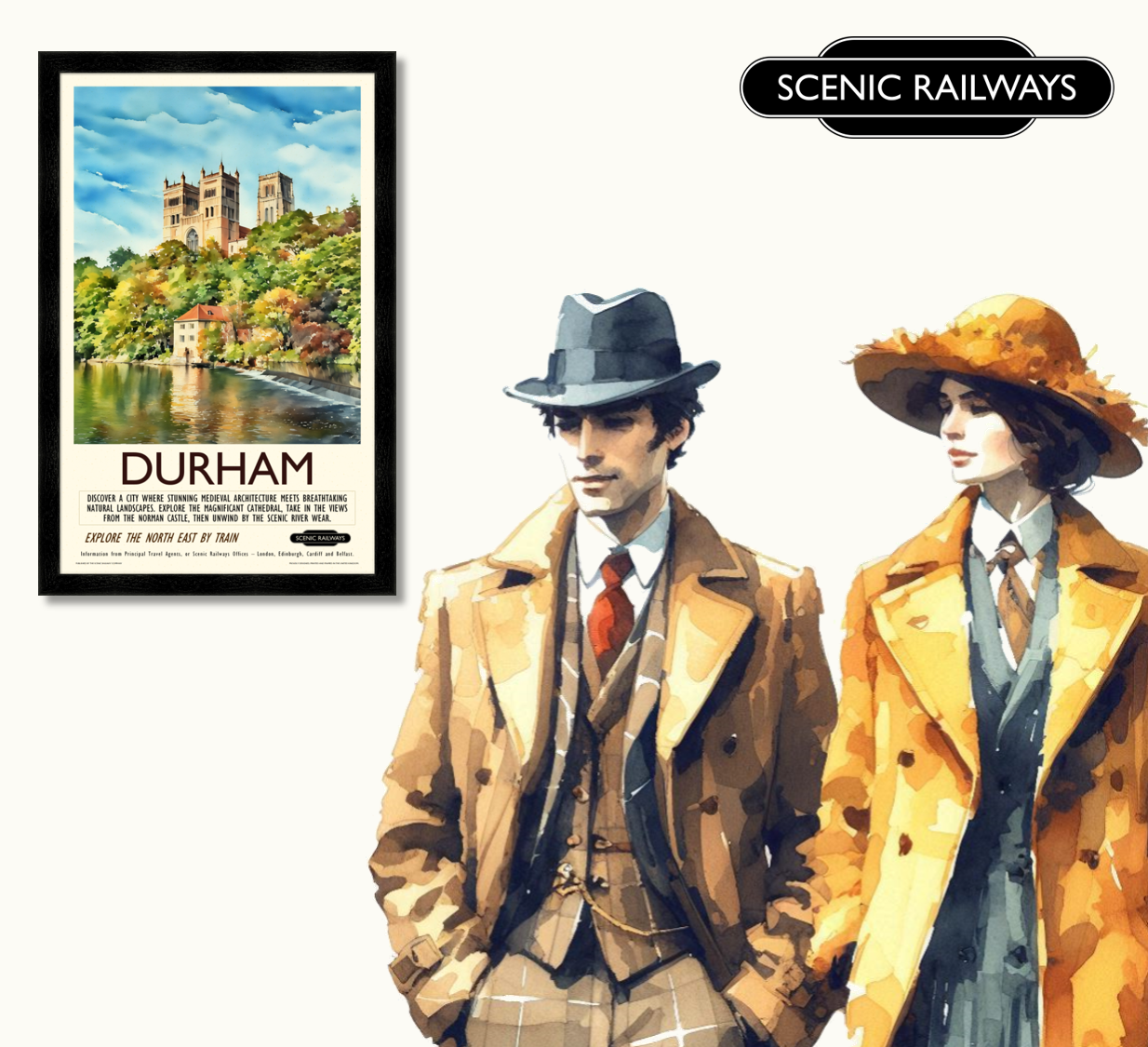 Vintage travel poster- Durham - The Cathedral and River Wear - Scenic Railways