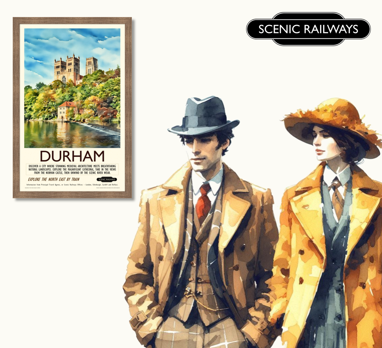 Vintage travel poster- Durham - The Cathedral and River Wear - Scenic Railways