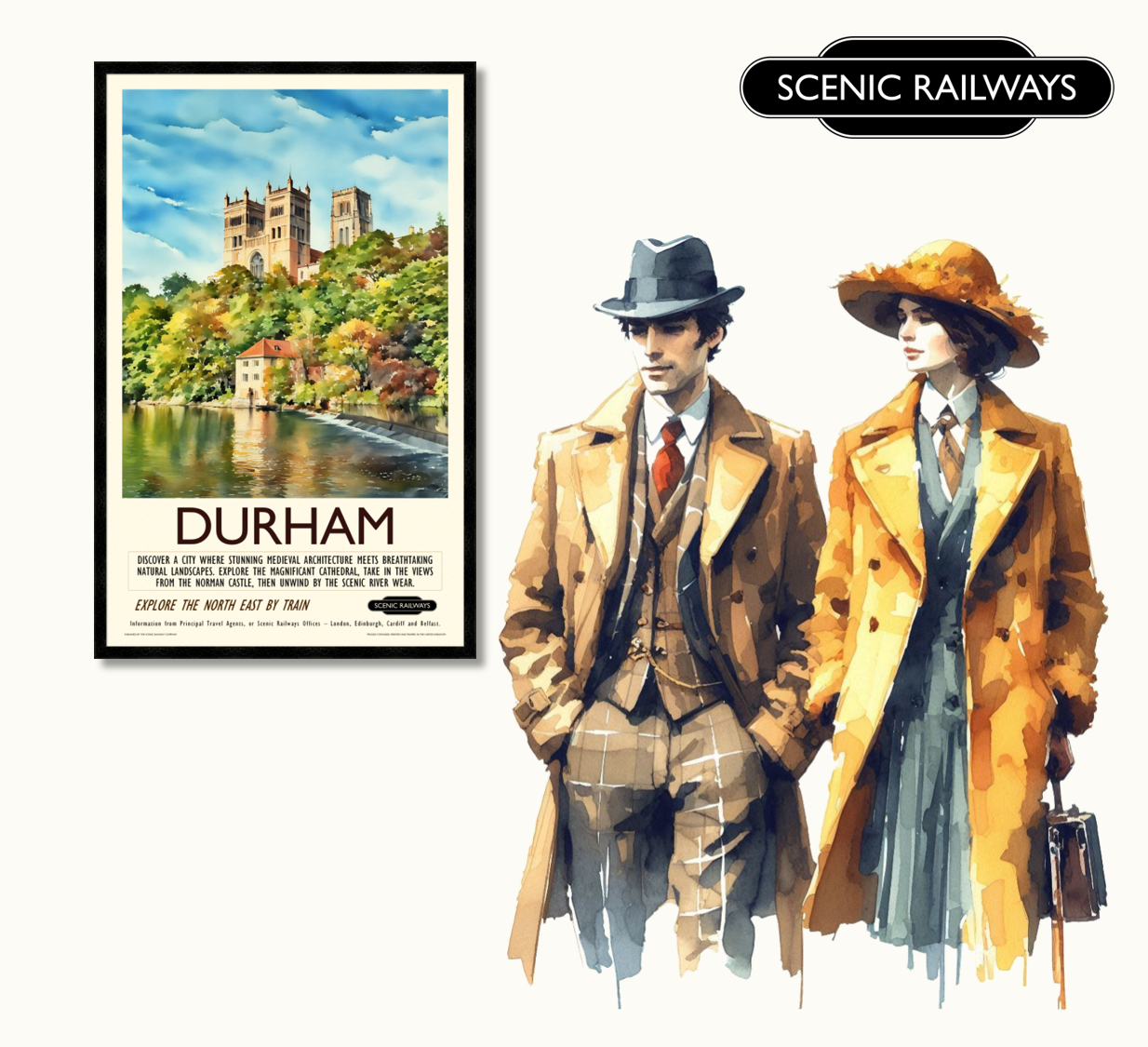 Vintage travel poster- Durham - The Cathedral and River Wear - Scenic Railways