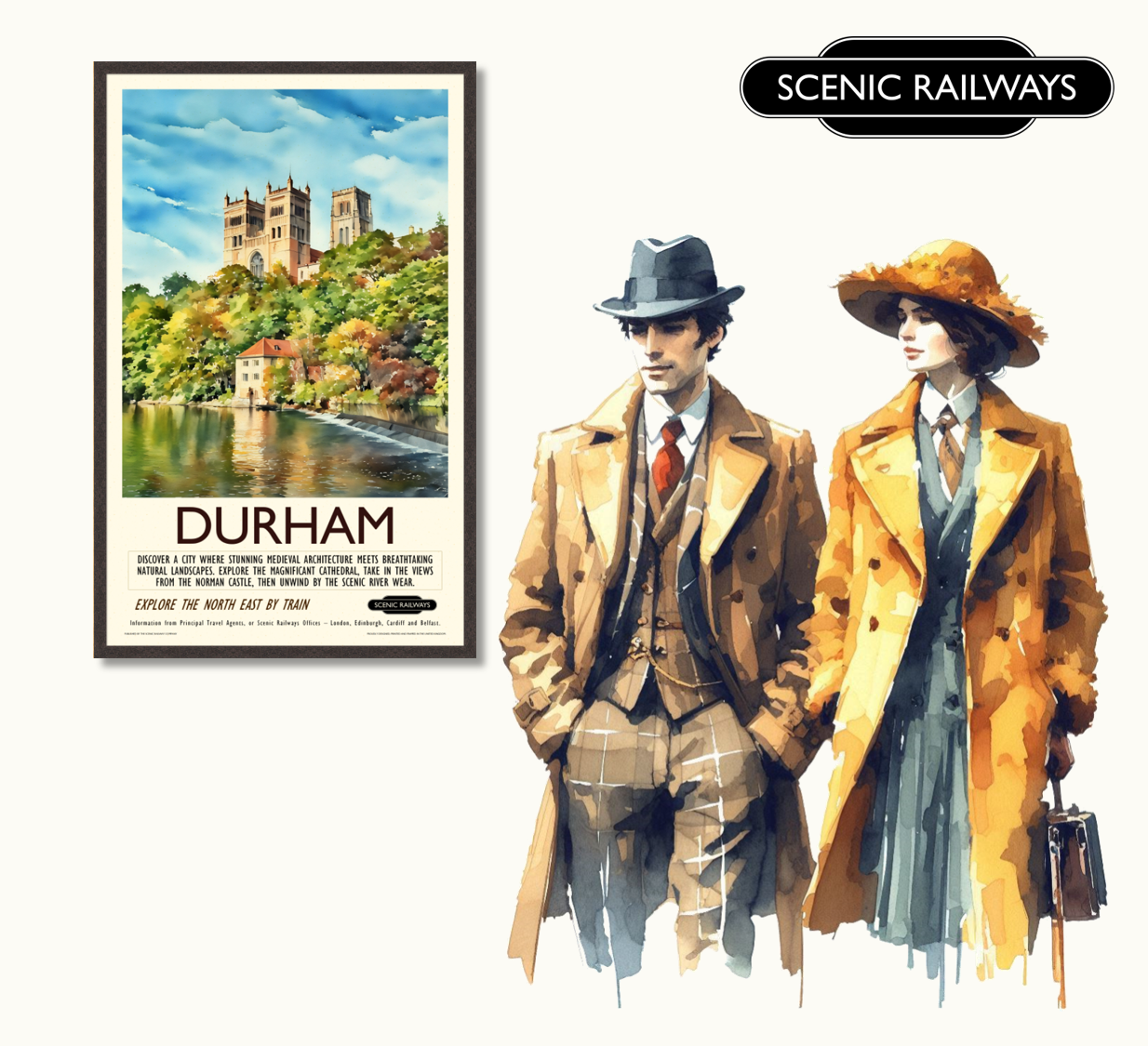 Vintage travel poster- Durham - The Cathedral and River Wear - Scenic Railways