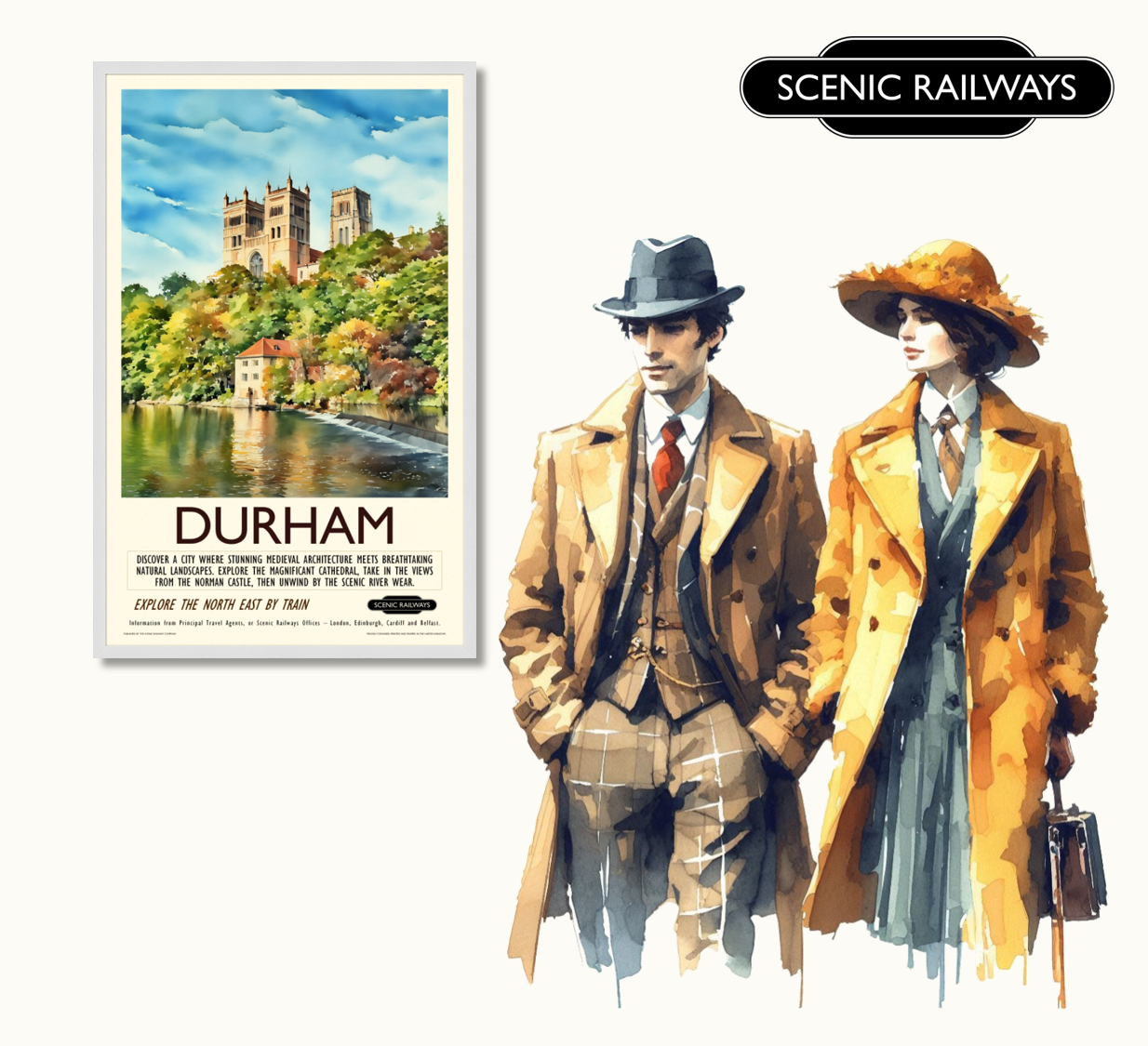 Vintage travel poster- Durham - The Cathedral and River Wear - Scenic Railways