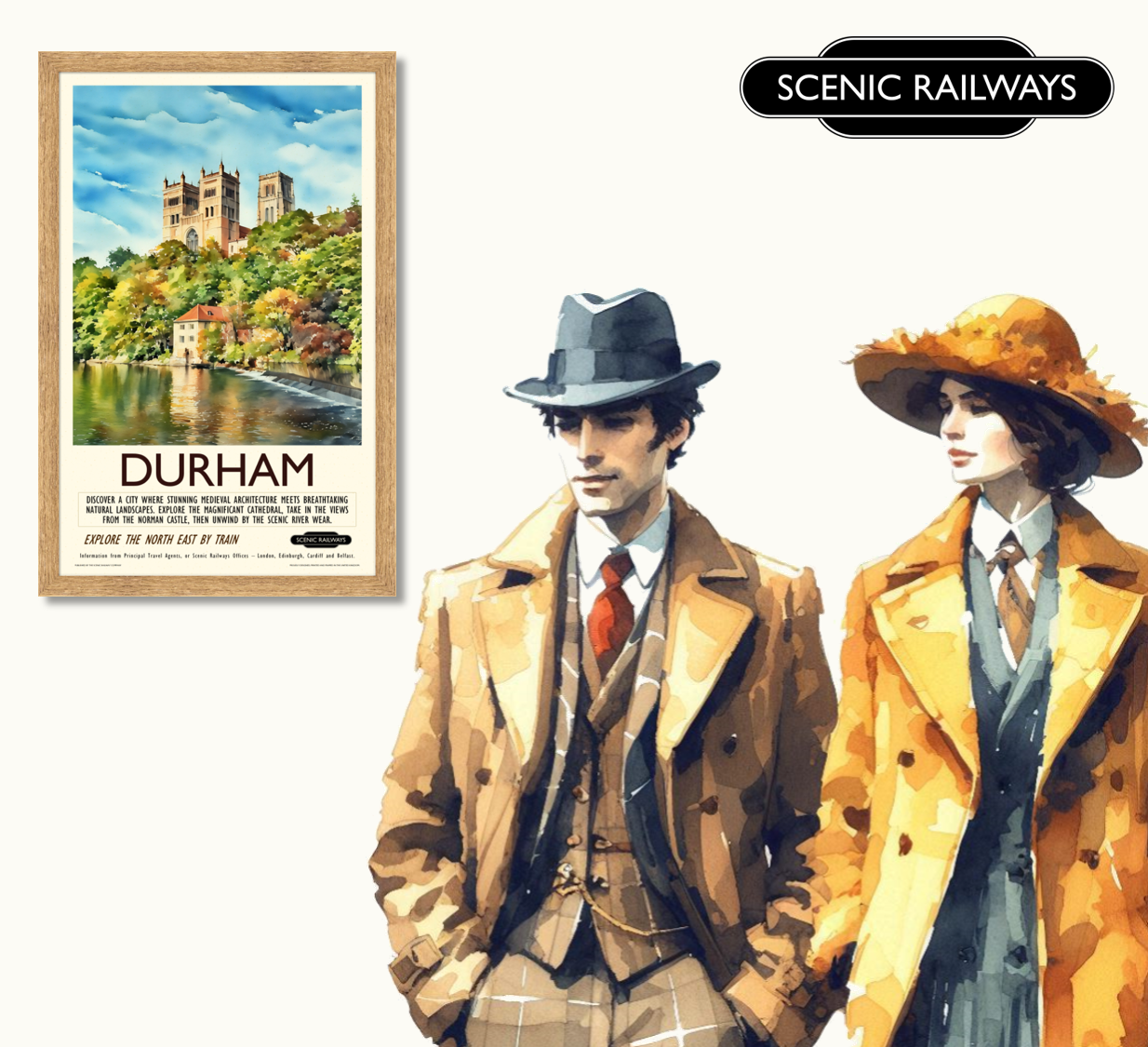 Vintage travel poster- Durham, The Cathedral and River Wear - Scenic Railways