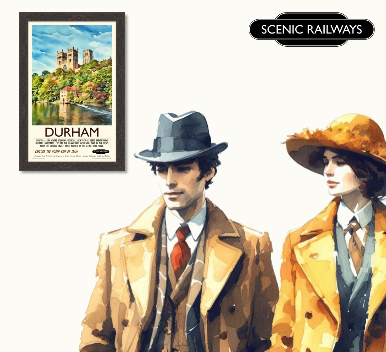 Vintage travel poster- Durham, The Cathedral and River Wear - Scenic Railways