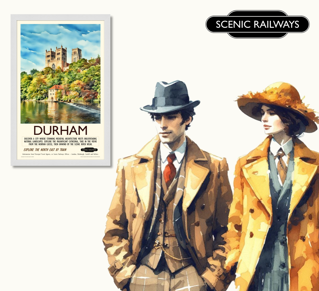 Vintage travel poster- Durham, The Cathedral and River Wear - Scenic Railways